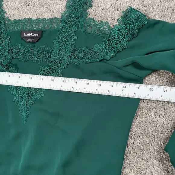 Bebe Green Lace Mesh Open Shoulder Top M Fairy Grunge Romantic Gothic Cottage - Picture 5 of 8